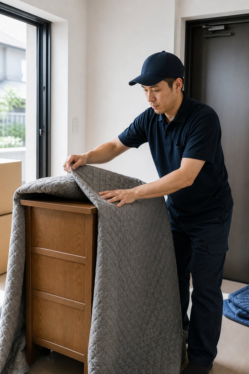 家具を毛布で養生する作業員