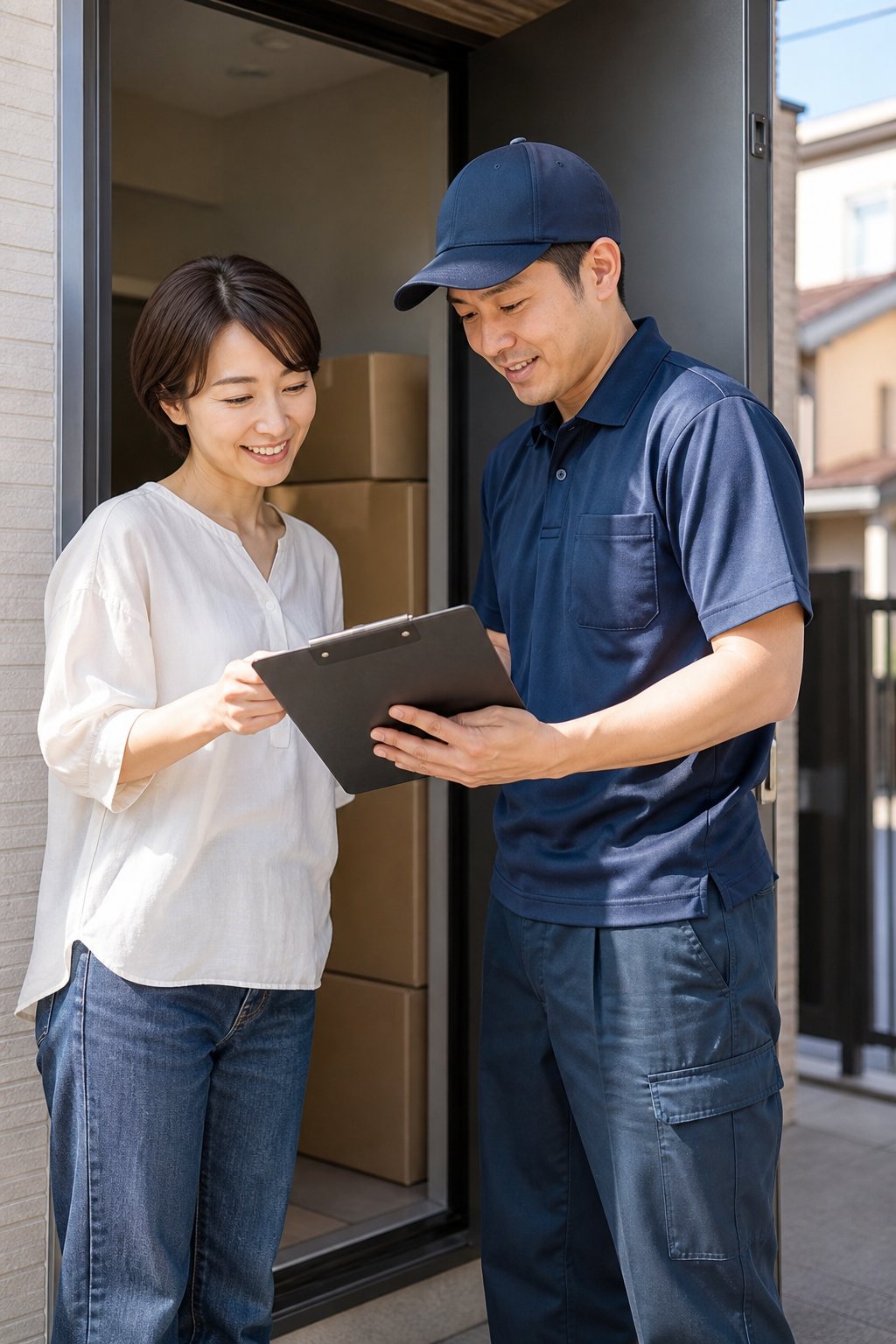 玄関先でお客様と見積書を確認する作業員